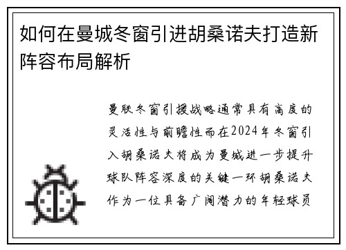 如何在曼城冬窗引进胡桑诺夫打造新阵容布局解析