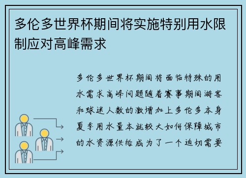 多伦多世界杯期间将实施特别用水限制应对高峰需求 多伦多世界杯期间将实施特别用水限制应对高峰需求