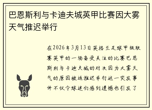 巴恩斯利与卡迪夫城英甲比赛因大雾天气推迟举行 巴恩斯利与卡迪夫城英甲比赛因大雾天气推迟举行