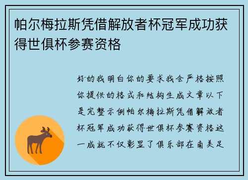 帕尔梅拉斯凭借解放者杯冠军成功获得世俱杯参赛资格